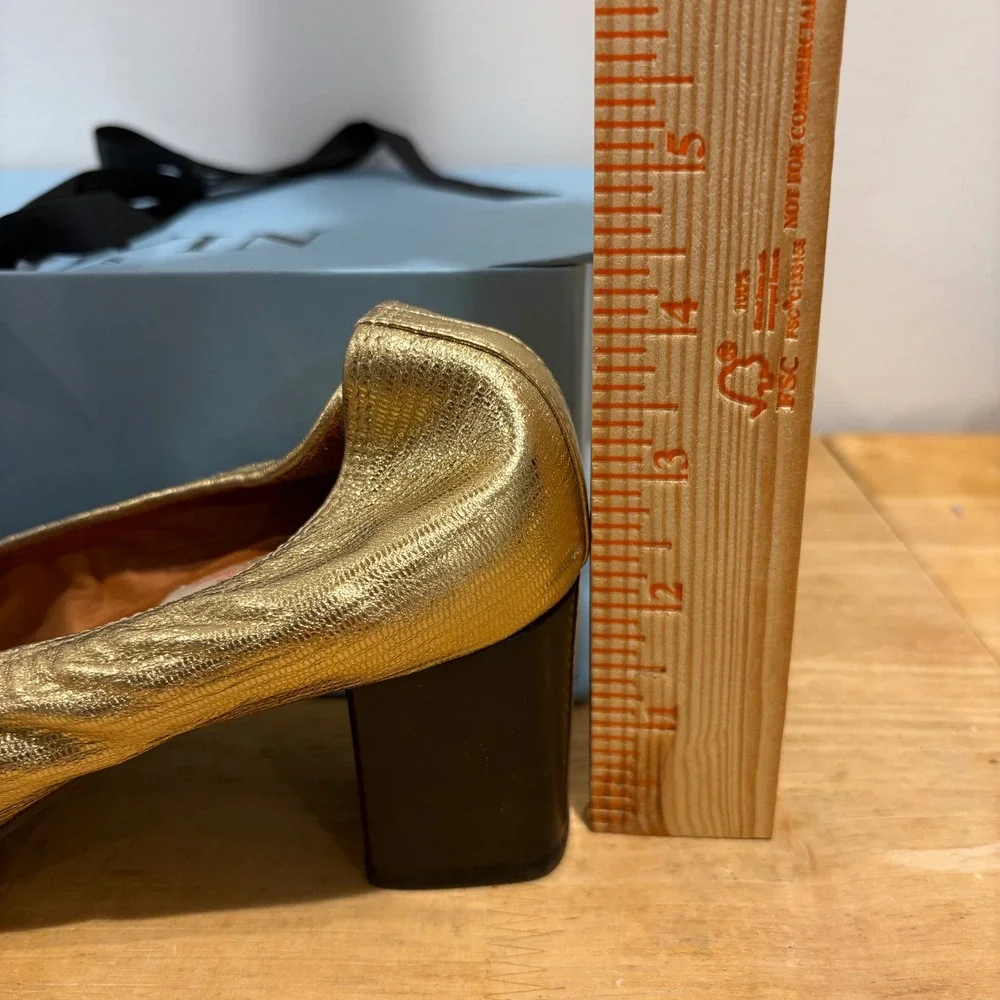 Lanvin Metallic Gold Block Heel Pumps Womens Size 39 Laminated Sheepskin Leather